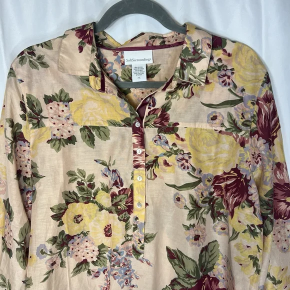 Soft Surroundings Women’s XLP Silk Artsy Blouse Breezy Boho Button Up Tunic Top - Picture 2 of 10